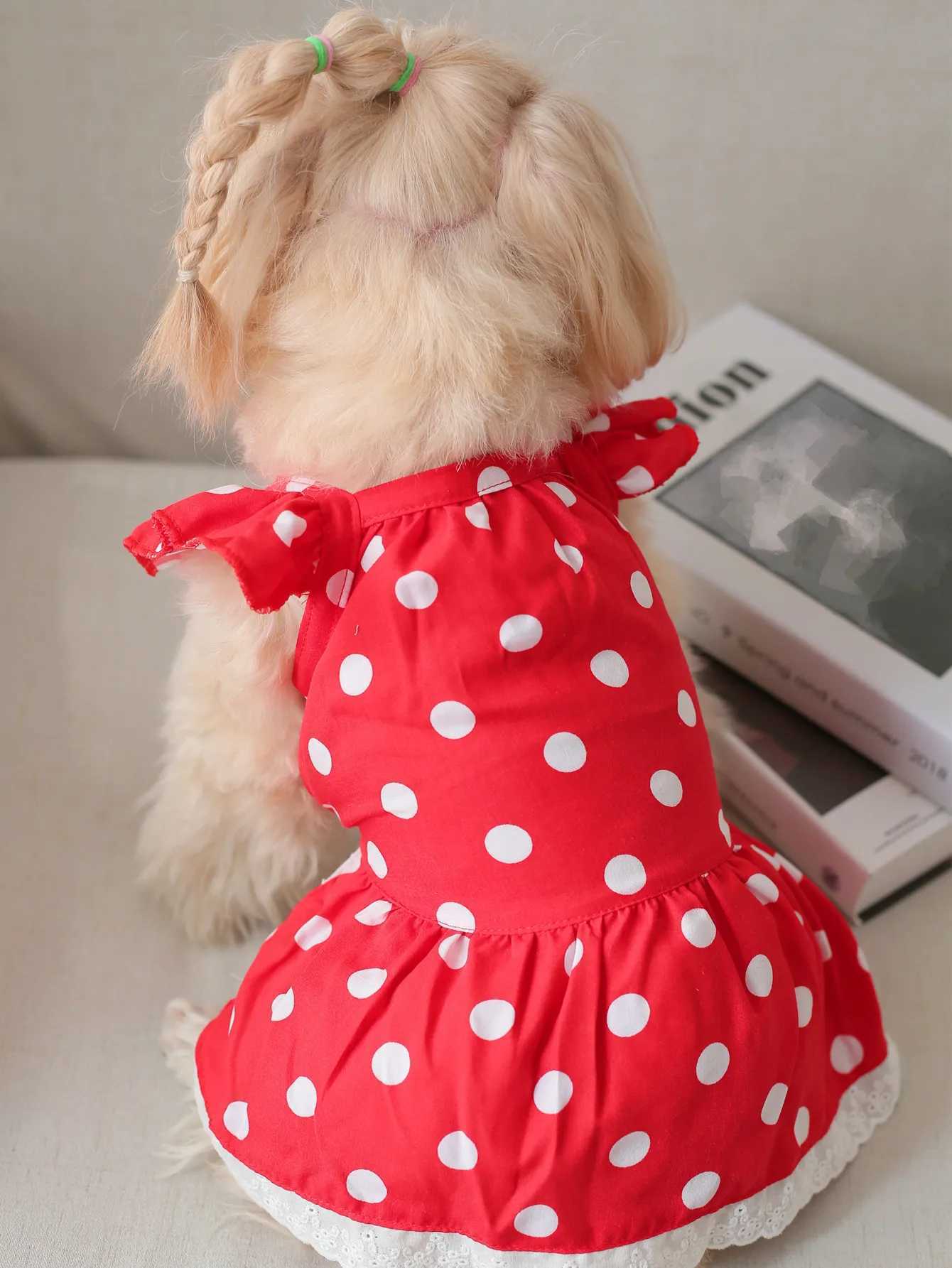 239Red French Polka Dot Romantic Short-Sleeved Lace Trim Dress M251208