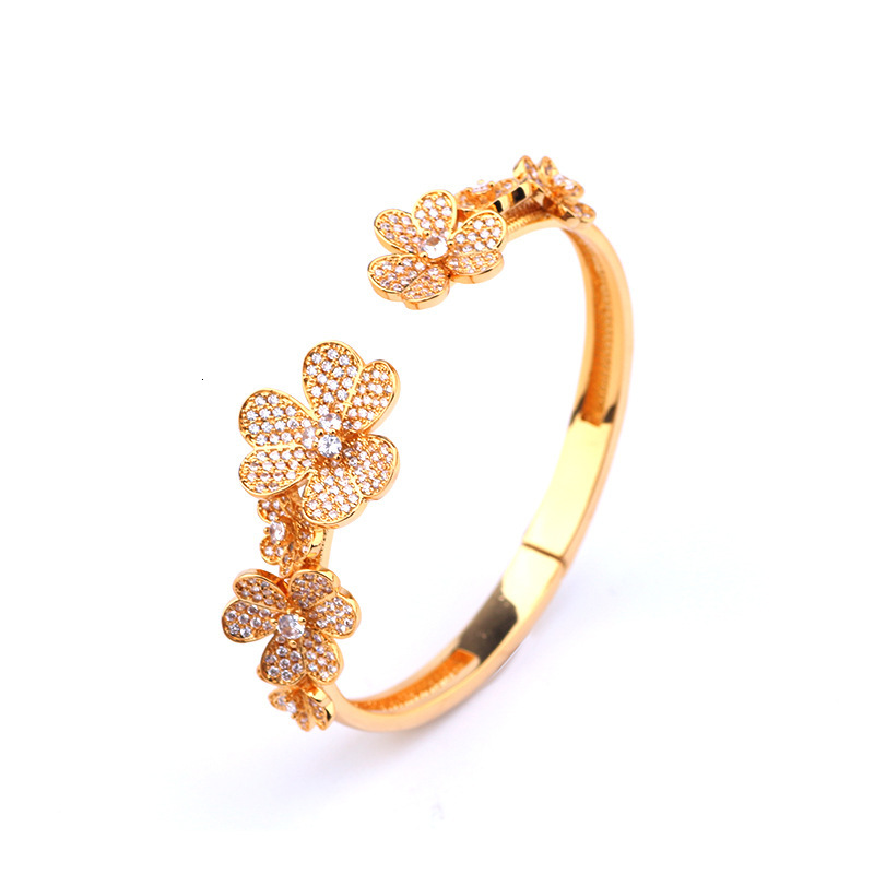 Fashion Full Zircon Three-Leaf Flower Bracelet Fresh Open Ring Set For Women Light Luxury Elegant Jewelry 79