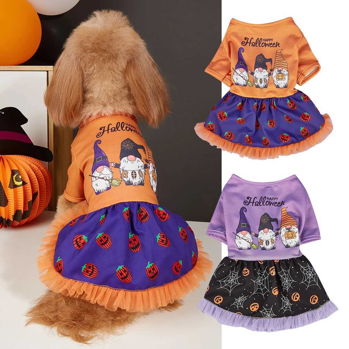 Halloween Pet Dress with Print Pumpkin Patterns Tulle Skirt Orange and PURple Options for Small Dogs Halloween Parties M251208