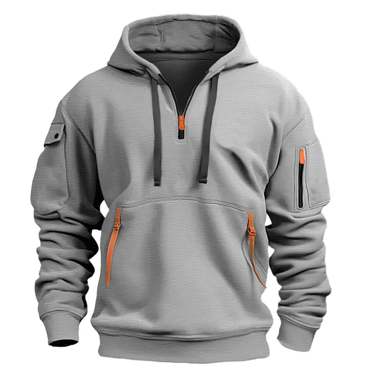 Men's Winter & Autumn Fleece-Lined Sports Casual Hoodie: Zippered Multi-Pocket Pullover, Loose Fit & Slimming Outerwear