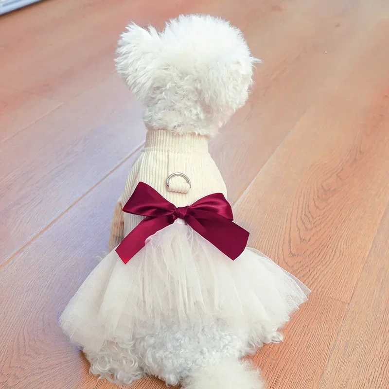 1PC Beige Chest Back Gauze Skirt Pet Clothes Dog Cat Anti-hair Loss Beige Princess Style Dress Red Bow Traction M251208