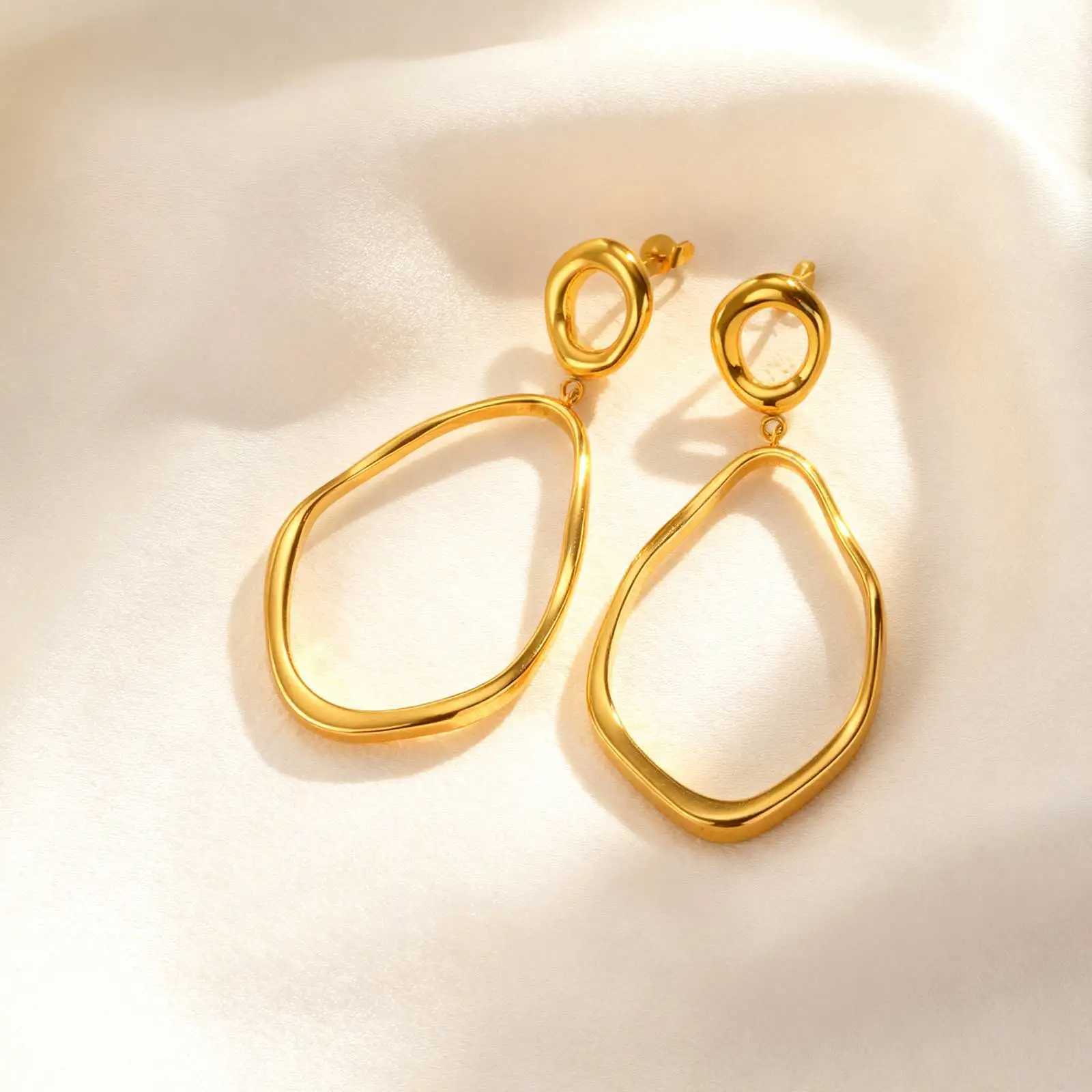 Geometric Irregular Lines Oval Drop Earrings Minimalist Stainless Steel 18K Gold Plated EarringsTrendy Party Jewelry for Women J251208