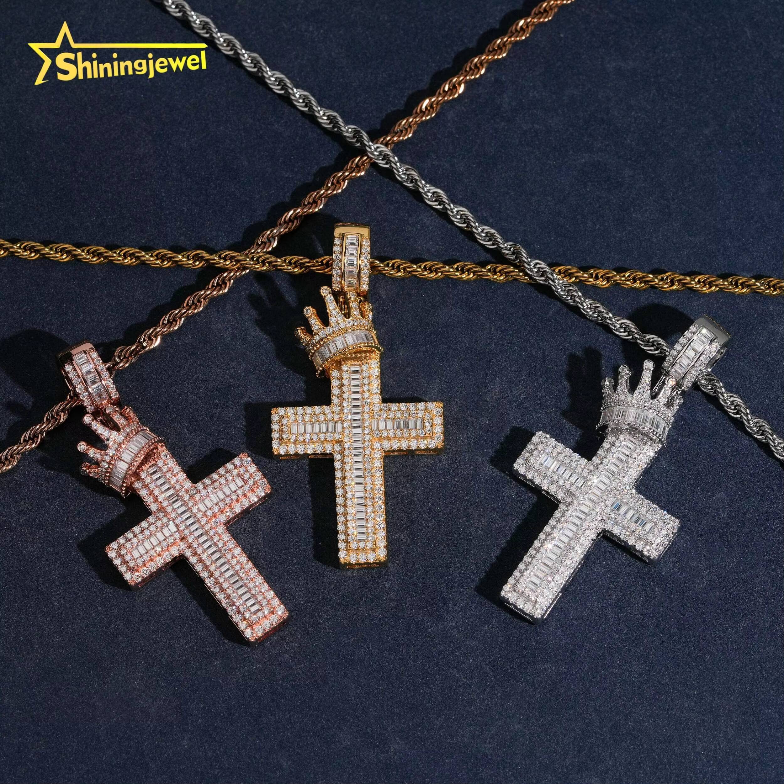 Instock Iced Out Pendant Cross Moissanite Pendant Charm Solid 925 Sterling Silver Cross Pendant with Crown Pass Diamond Tester