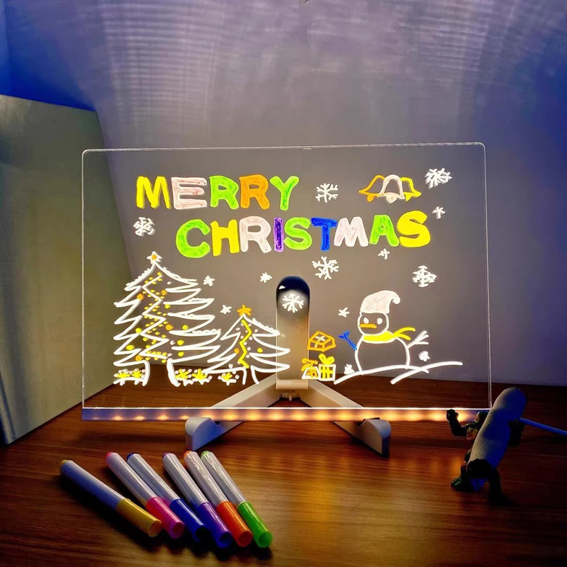 LED Luminous Note Board Acrylic Message Board Erasable Creative Board Kids Led Light up Drawing Board with Stand Colorful Pencils