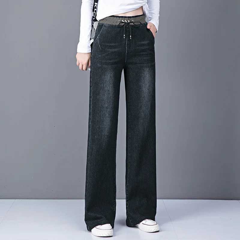 Women Elastic High Waist Straight Jeans Winter Warm Thicken Baggy Velvet Lined Wide Leg Denim Pants Korean Casual Vaqueros NewT251208