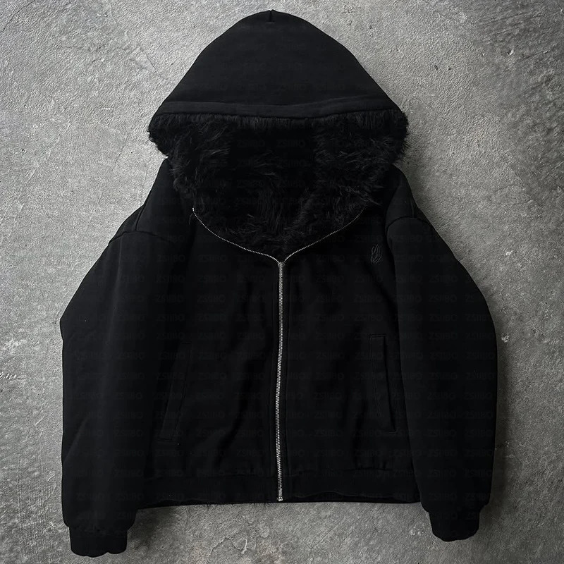 Dark Faux Fur Harajuku Hiphop Y2K Zip up hoodie Oversized Punk Zipper Hoodie sweatshirt Retro Rock Goth Streetwear Jacket Coat 251204