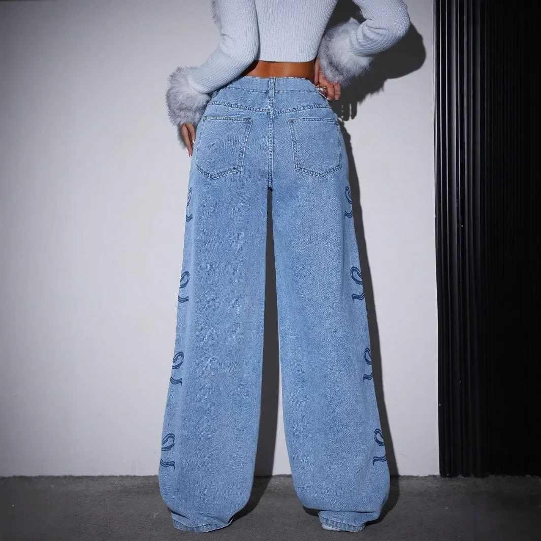 Denim Pants Women Bow Print Jeans High Waist Washed Distressed Straight Trousers Vintage Floor Length Streetwear Wide Leg PantsT251208