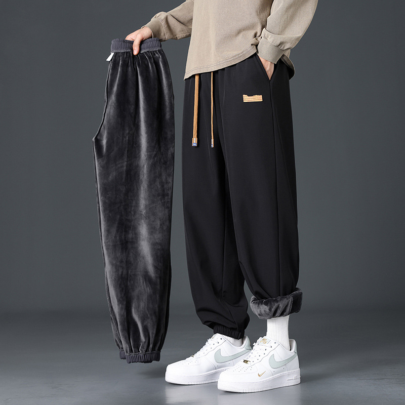 Men's Fleece-Lined Thickened Pants: Warm Cuffed Cotton Sweatpants, Loose-Fit Winter Sports Casual Long Trousers for Autumn & Winter