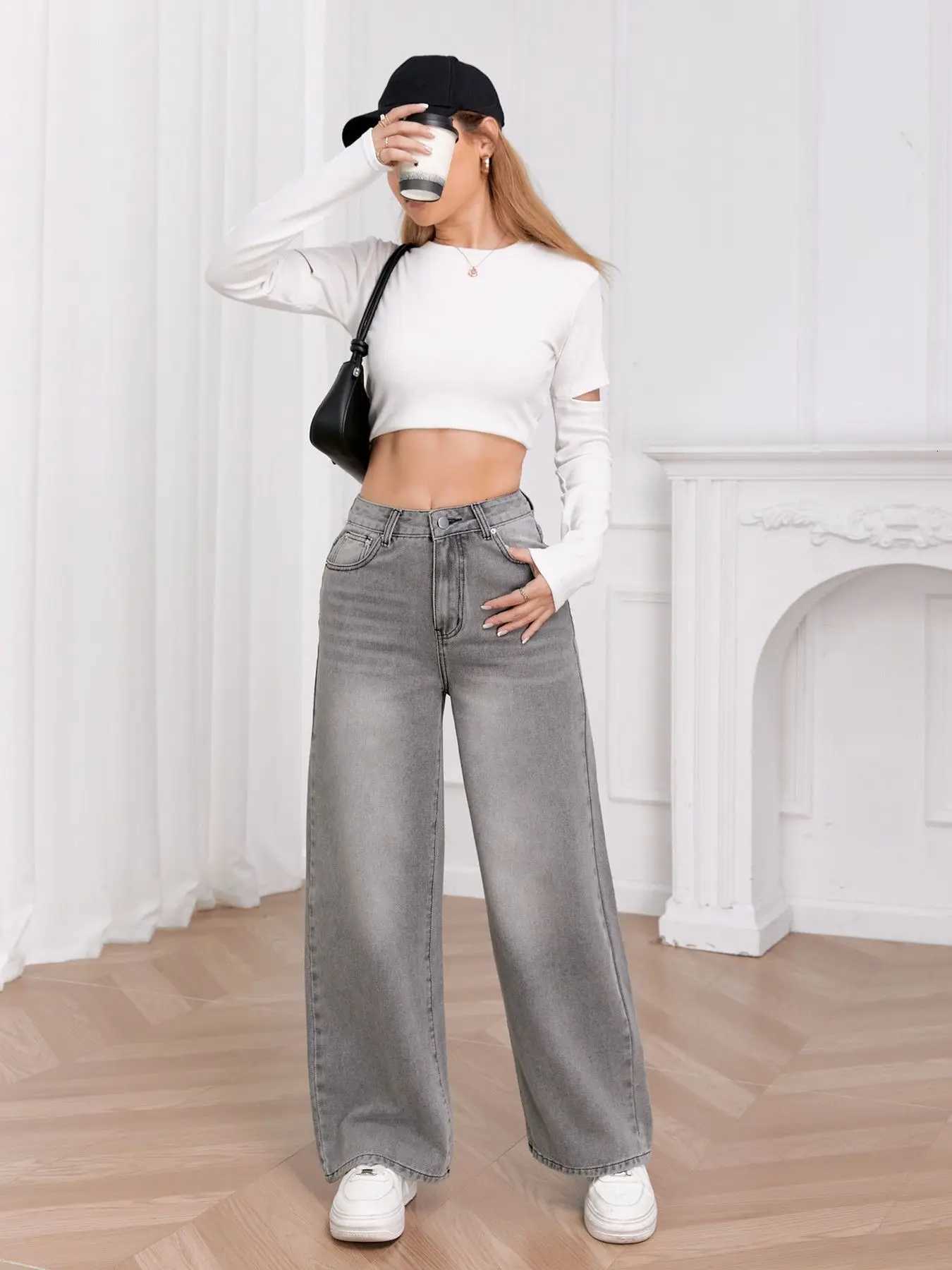 European and N Trend Washed Sky Gray Wide Leg Jeans Women Comfortable Fashion All-around Match Trend JeansT251208