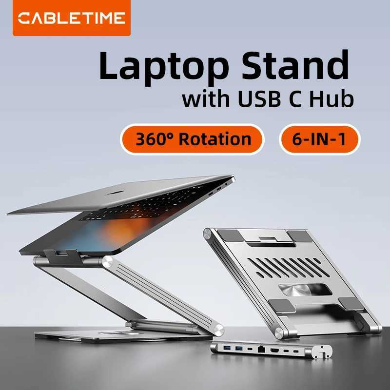CABLETIME Laptop Stand with 6 in 1 USB C Hub 360 Rotation USB 30 RJ45 PD 100W 4K60Hz Port for Laptop book Air Len C251208