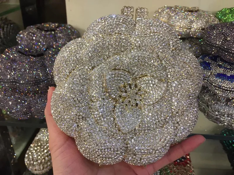 Rose Flower PinkGreen Rhinestones Evening Clutches Women Floral Yellow Crystal Bags Bridal Wedding Party Clutch Purse 251205