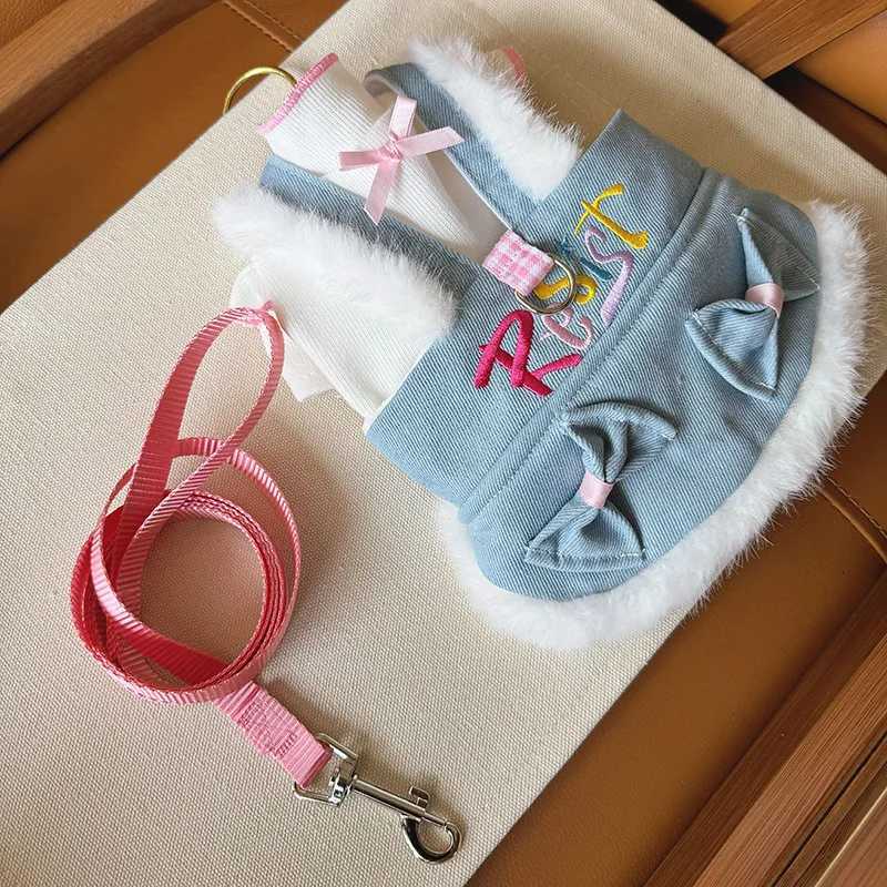 Dog Bow Denim Strap Plush Skirt Spring Autumn Dog Slip Dress Pet Denim Skirt Teddy Skirt Bear Small Dog Clothes Puppy Dress M251208