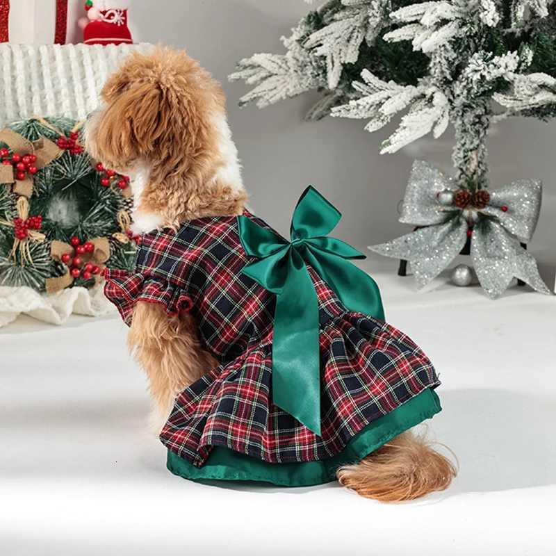 Pet Clothes Dog Christmas Classic Plaid Skirt Puppy Ruffle Sleeves Dresses Holiday Clothing M251208