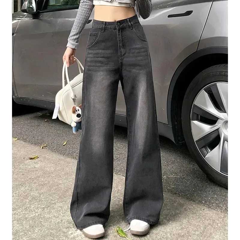 Casual High Waist Jeans Denim Loose Fit Personality Vintage Black Gray Straight Leg Wide Leg Trousers Women Womens pantsT251208