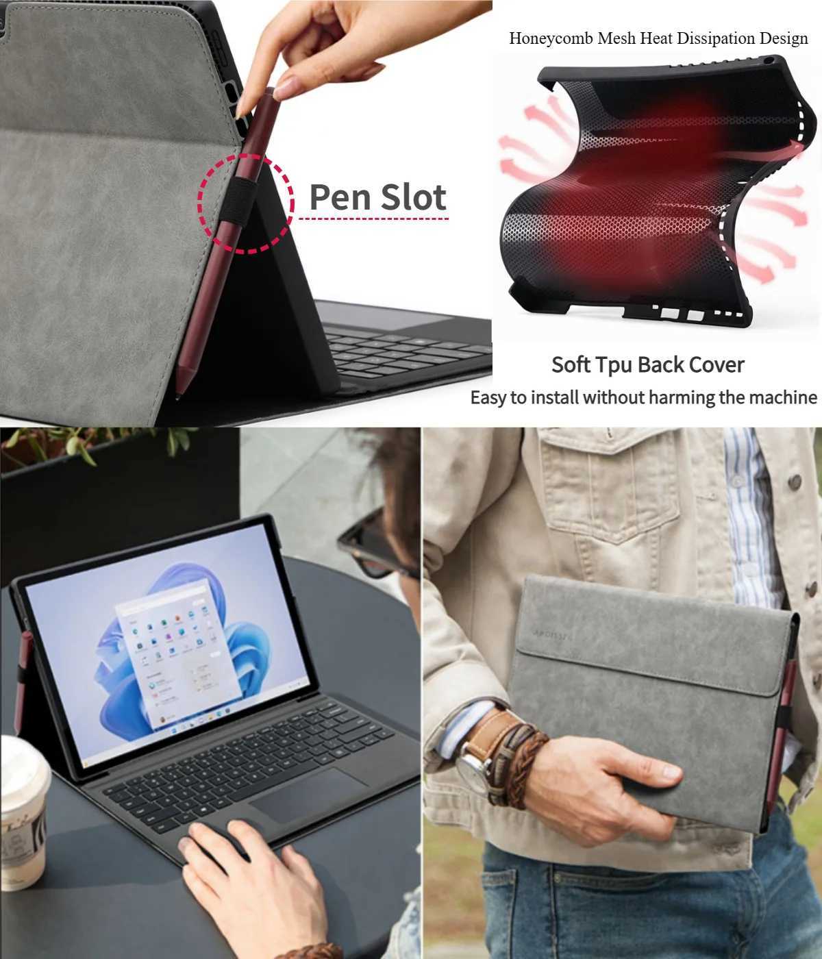 Business Cover for Surface Pro 11/10/9 Portfolio Case 13inch Mtiple Angle Stand Tpu Shell Cpatible with Keyboard C251208