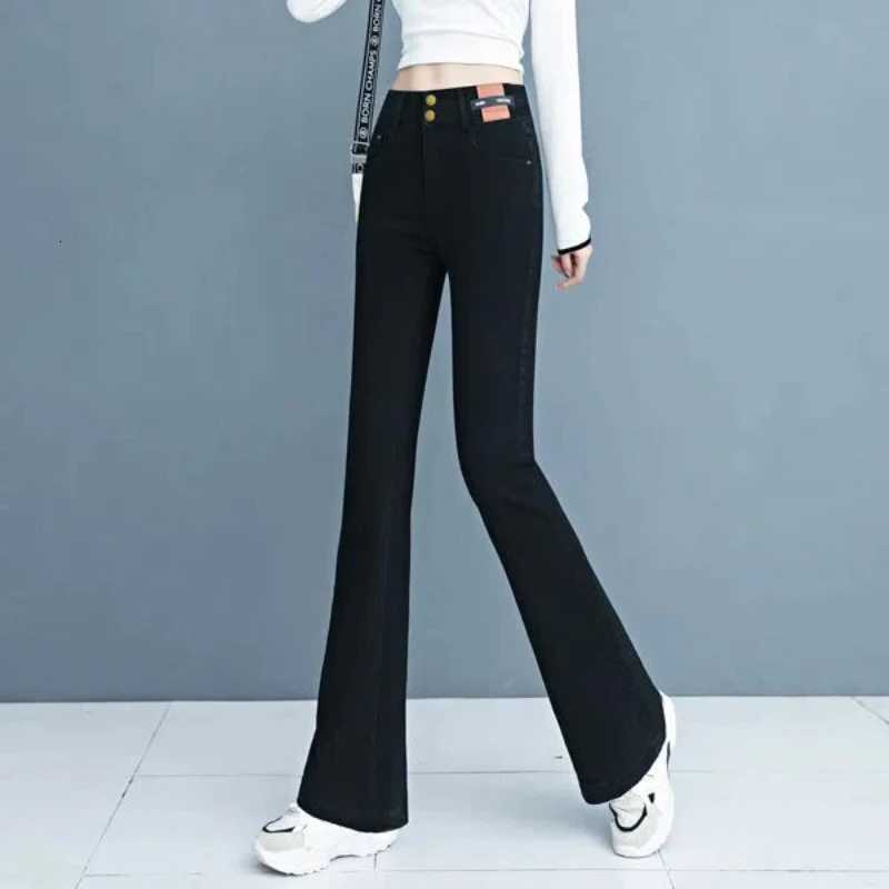AutumnWinter New Fashion Elastic High Waist Solid Womens Clothing Korean Bell-bottoms All-match Simplicity Pockets Chic PantsT251208