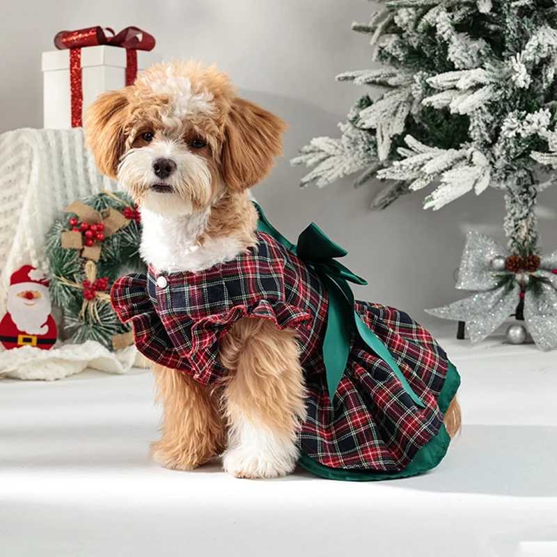 Pet Clothes Dog Christmas Classic Plaid Skirt Puppy Ruffle Sleeves Dresses Holiday Clothing M251208