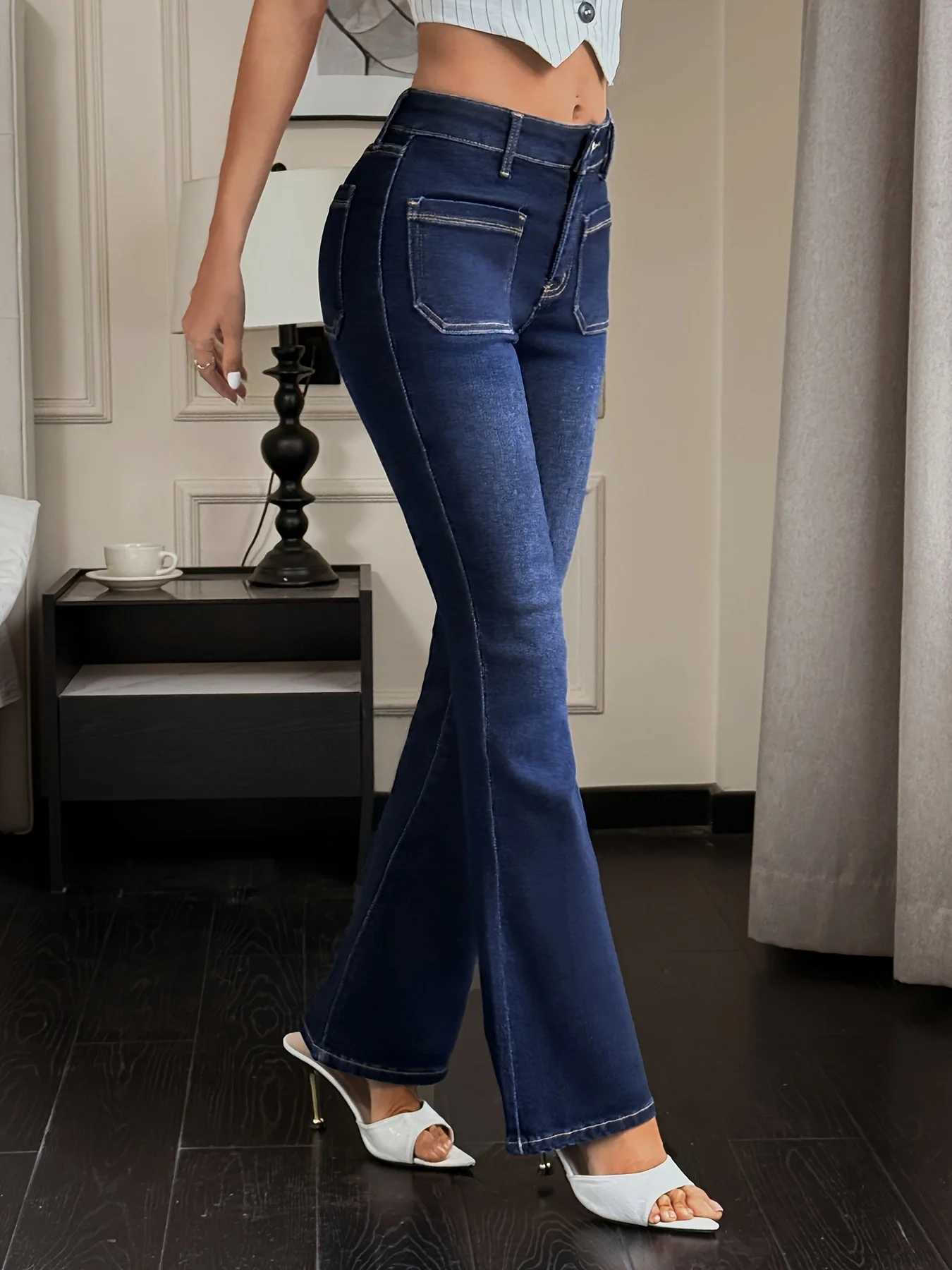 Womens High Waist Flared Denim Pants Stretch Bootcut Jeans Trendy Dark Wash Casual Slimming Fit for Daily WearT251208