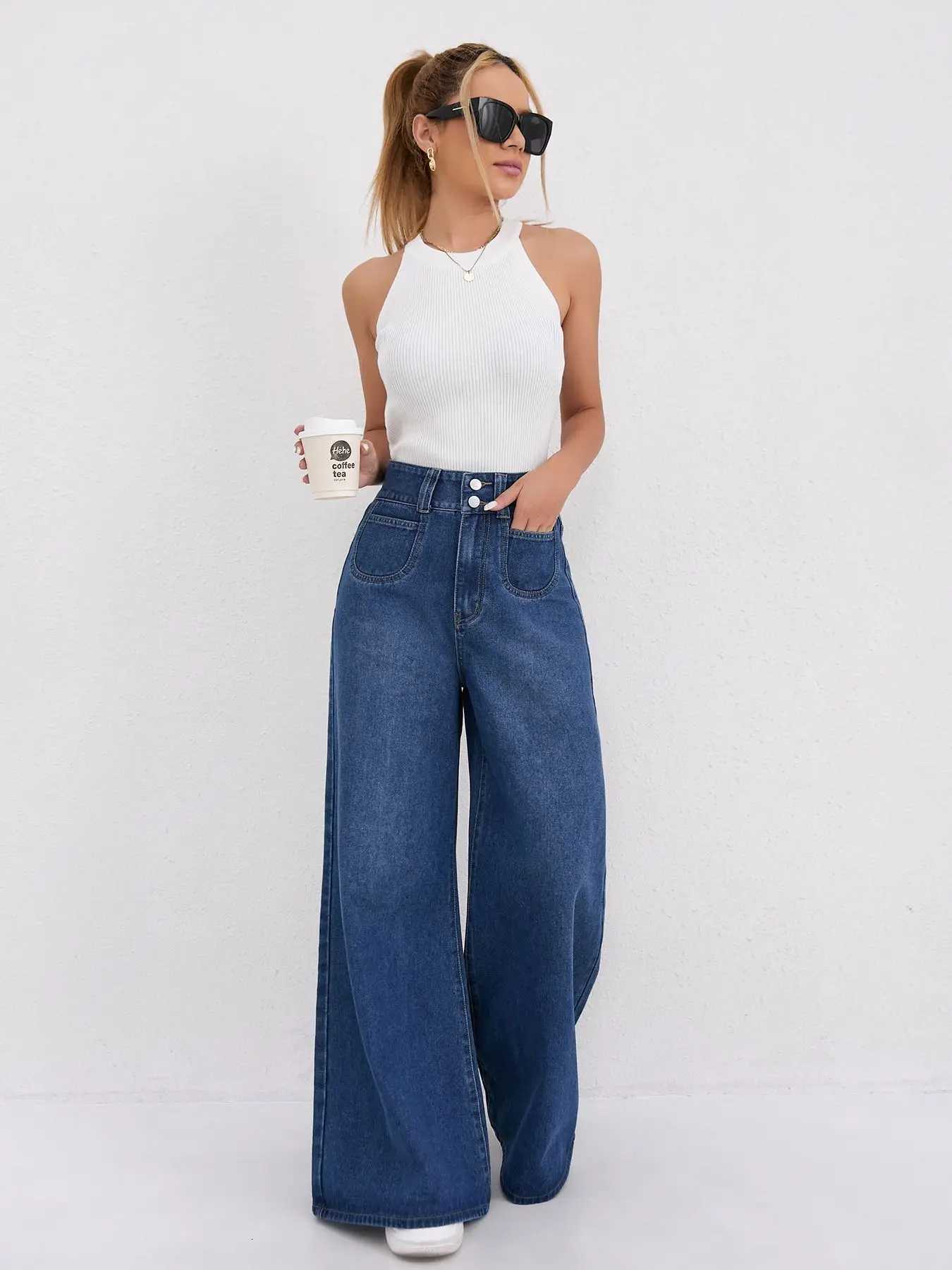 Autumn and Winter Trend High-waisted Double-button Solid Color Loose Wide-leg Jeans with A Flowing Look Versatile for WomensT251208