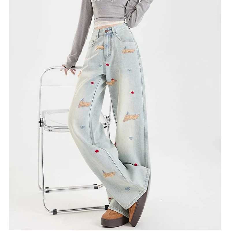 White Dachshund High-waisted Wide-leg Jeans for Women Autumn and Winter Embroidered Slimming Loose Straight Floor-length PantsT251208