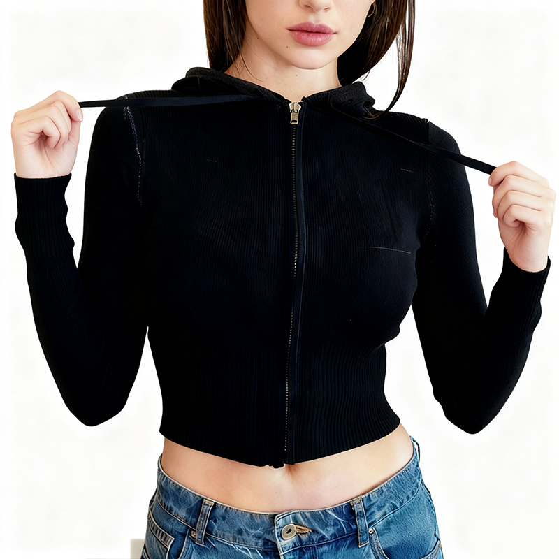 Women's Jackets Women's Ribbed Knit Zip-Up Hoodie Crop Top - Black Fitted Deep V Neck Hooded Cardigan 8184816