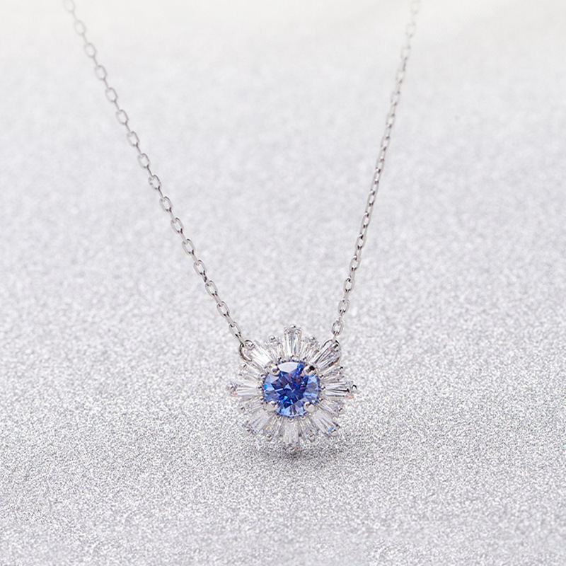 Exquisite New Blue Sunflower Necklace Charming Girl Crystal Daisy Collarbone Chain Perfect For Holiday Gift Jewelry Set