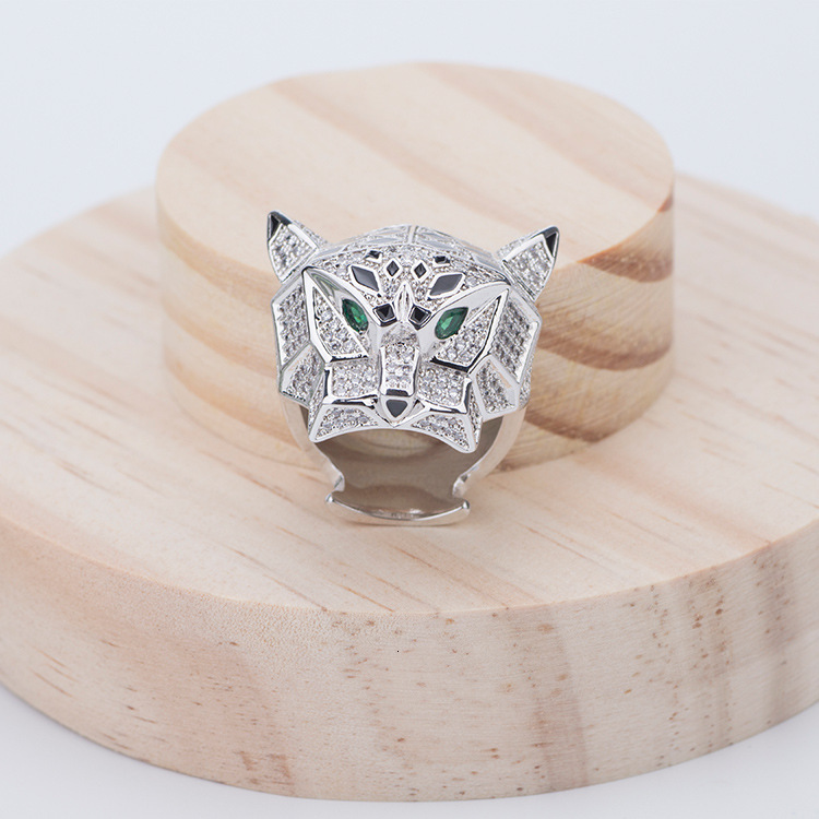 Wide Version Leopard Head Ring Epoxy Ring Zircon Green Eyes Gold-Plated Diamond-Studded Personality Domineering Ring Wholesale 7A