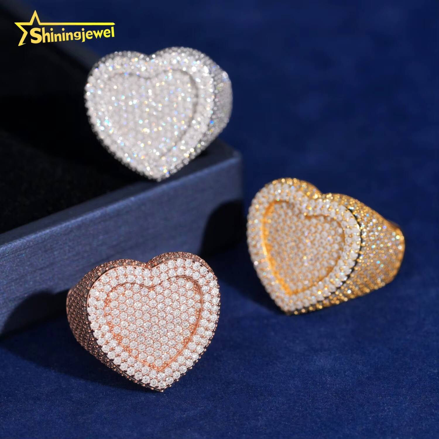 Pass Diamond Tester Heart Shape Hip Hop Rapper VVS Moissanite Fine Jewelry Diamond Iced Out Jewelry 925 Silver Ring for Men