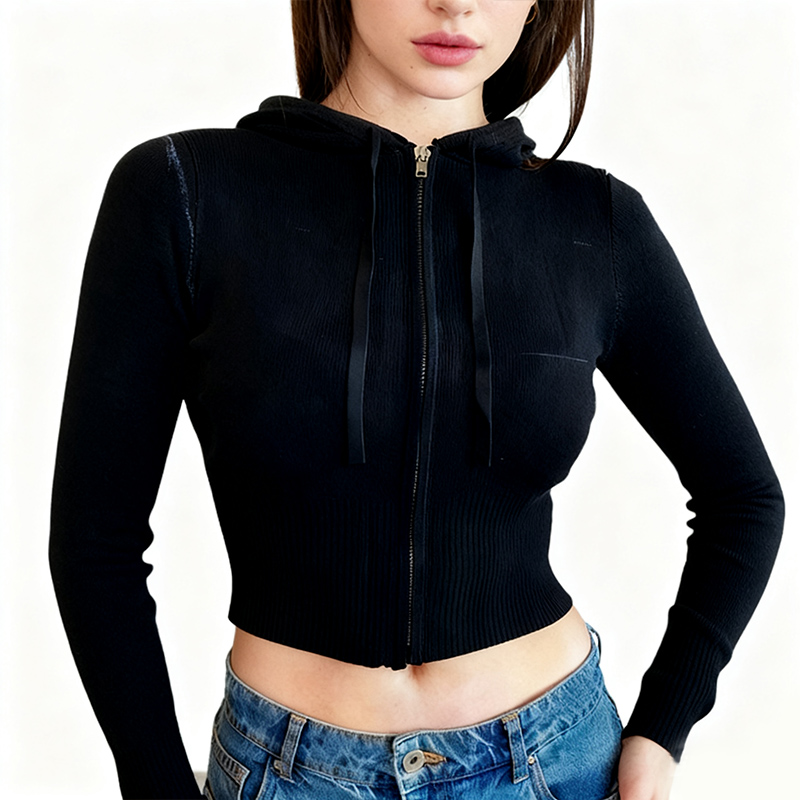 Women's Jackets Women's Ribbed Knit Zip-Up Hoodie Crop Top - Black Fitted Deep V Neck Hooded Cardigan 8184816