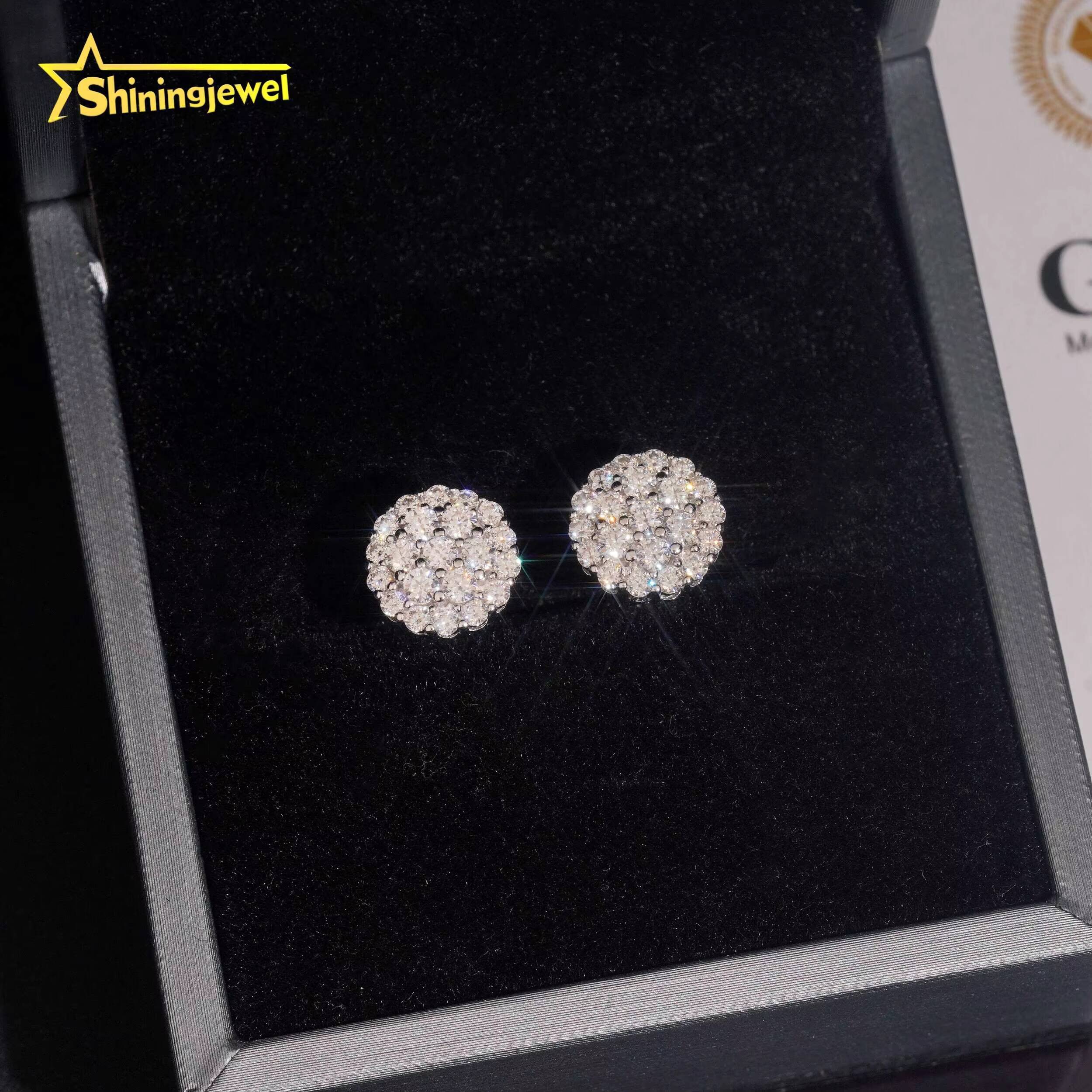 Pass Diamond Tester Round Diamond 925 Silver Cluster 105mm Iced Out VVS Moissanite Jewelry Hip Hop Stud Earrings USA Shipping