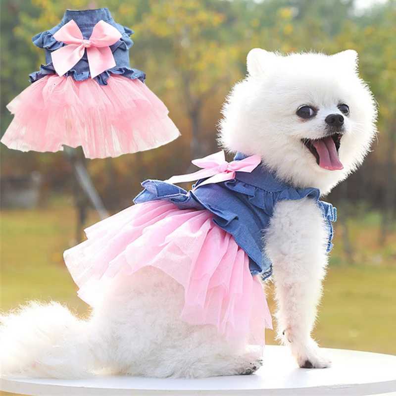 Summer Puppy Clothes Pet Denim Dresses for Small Dogs Pomeranian Chihuahua Dog Kitten Skirt Princess Dress Pink Girls Clothing M251208