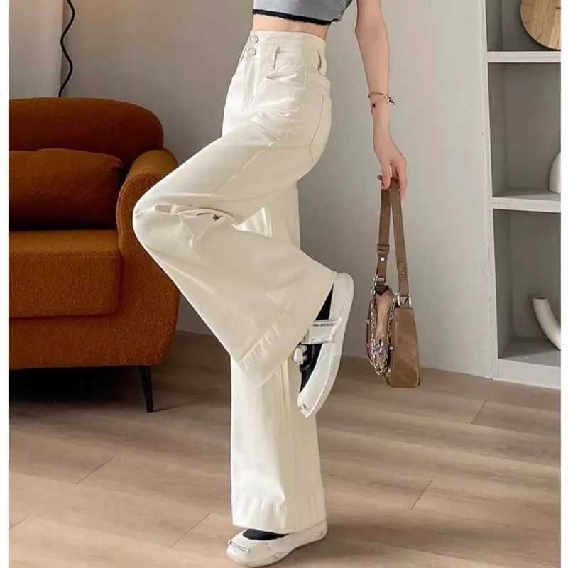 Off White Wide Leg Fleeced Jeans for Women Trendy All Match New High Waist Slimming Belly Covering Micro Flare Long PantsT251208