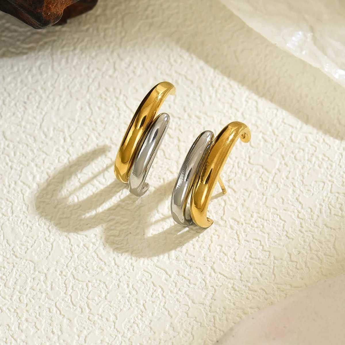Gold Sliver Color Irregular Cshape Stud Earrings Stainless Steel Bicolor Geometric Waterproof Fashion Jewelry Party Gift Women J251208