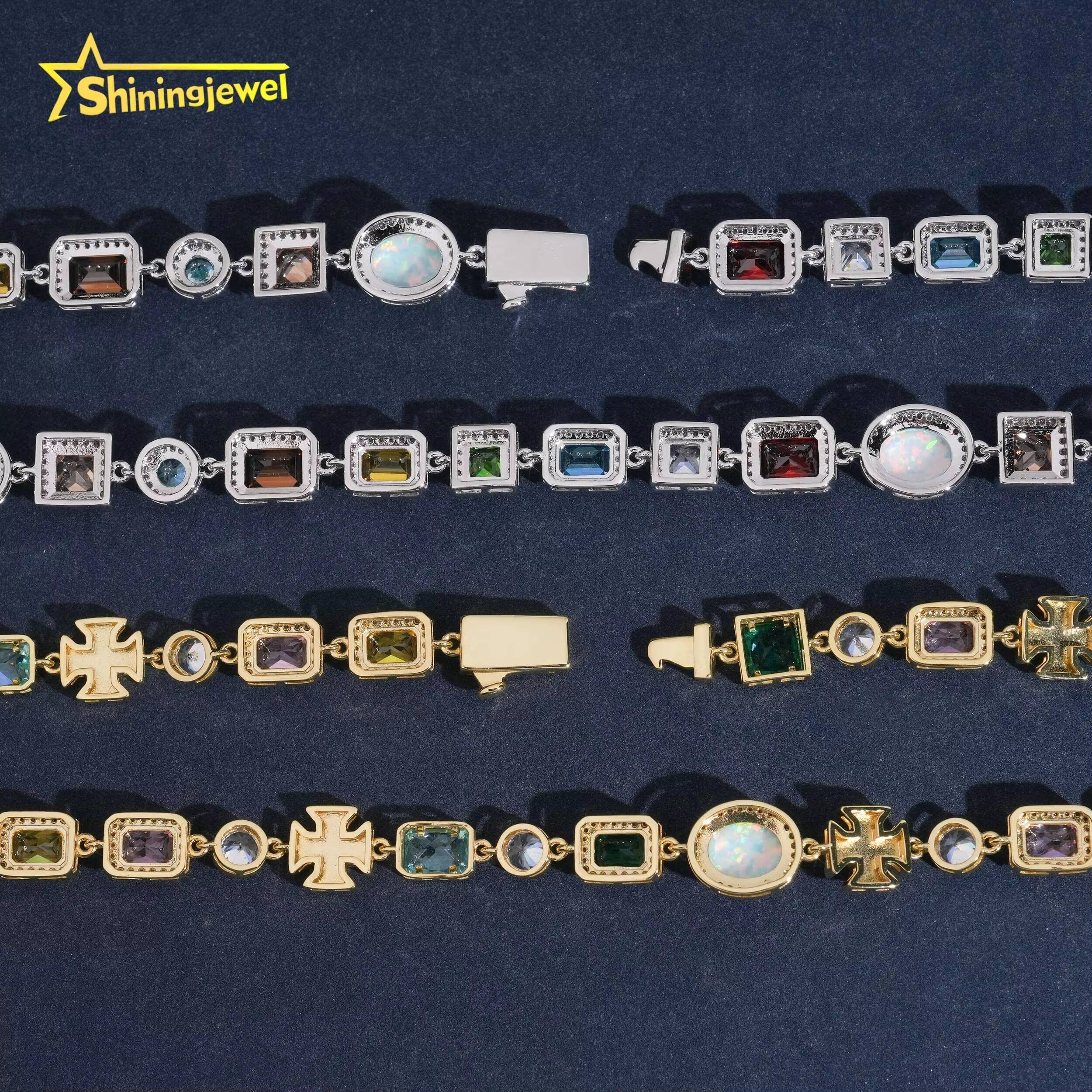 107mm Colorful Stone Bracelet Brass Iced Out 5A Cubic Zirconia Opal Hip Hop Mix Shape Diamond Jewelry Bracelet