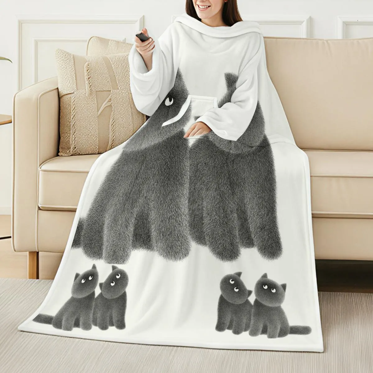 All Over Print Wearable Blanket with Sleeves Dual Layer Sherpa Fleece Hooded Robe Long Sleeve Oversized Snuggle Sack for Adults