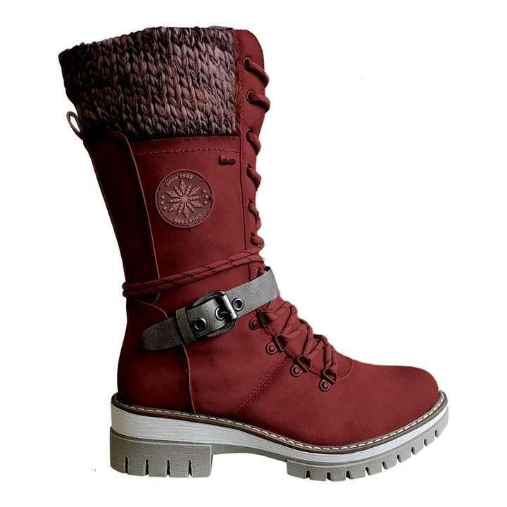 plus size midcalf womens winter new round toe square heel leather buckle niche designer free shipping knitted patchwork martin boots