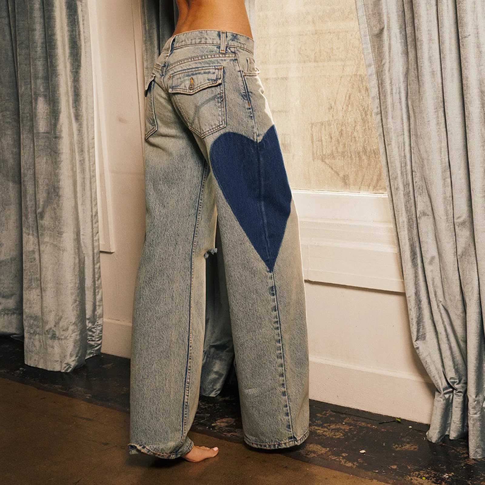 Combhasaki Womens Y2K Ripped Wide-Leg Jeans Heart Shaped Print Loose Fit Trousers Button Low Waist Denim Long Pants with PocketsT251208