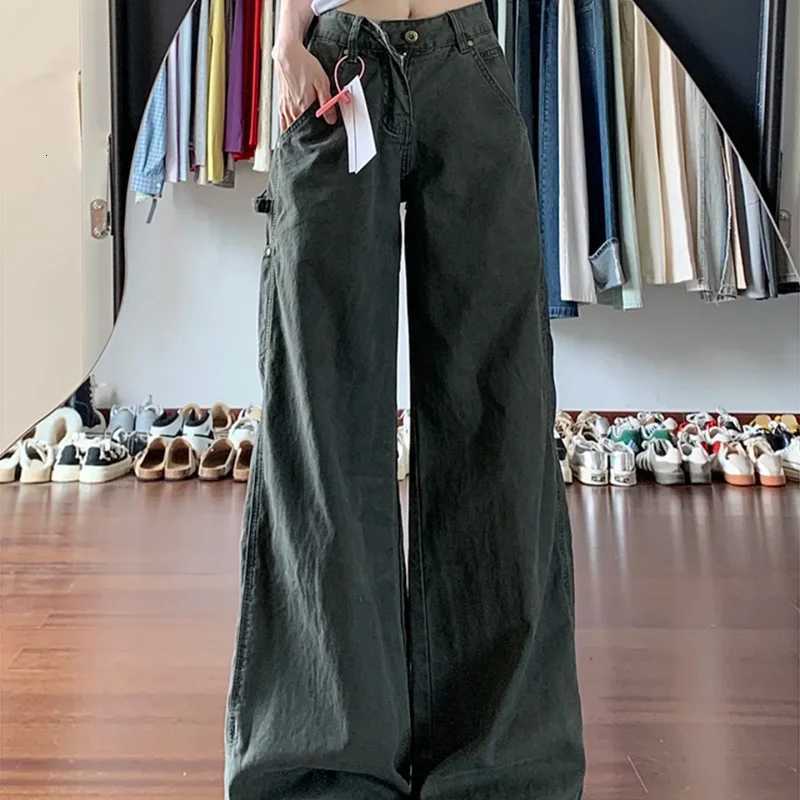American Retro Army Green Cargo Jeans for Women 2025 Autumn Winter High Waist Slim Design Straight Wide Leg Floor Length PantsT251208