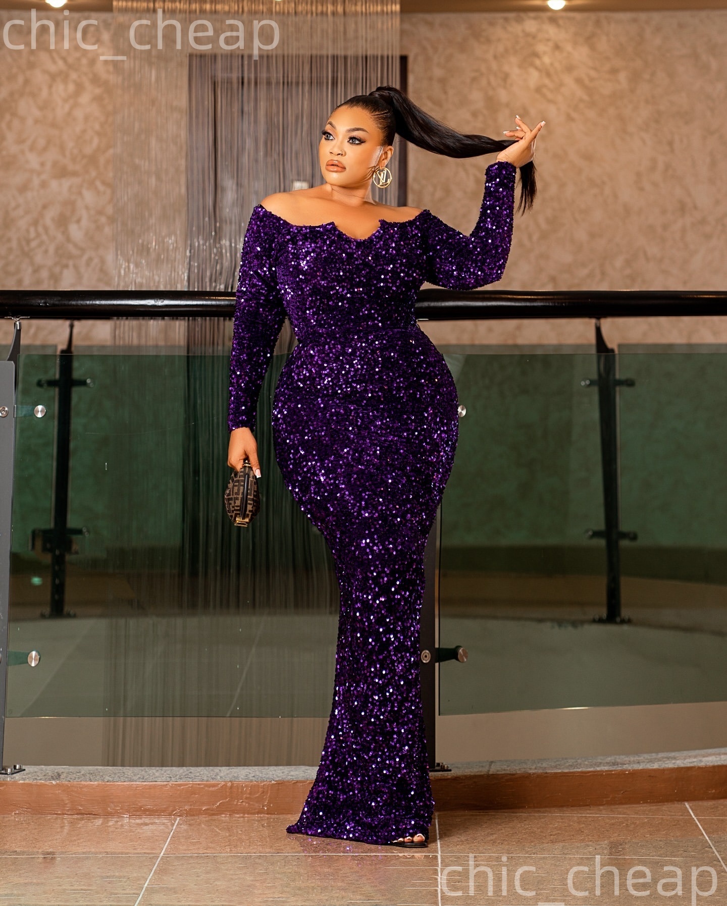 Aso Ebi Purple Sheath Prom Dresses 2026 Scoop Long Sleeves Sequined Evening Formal Party Second Birthday Engagement Gowns Plus Size Dress For Special 
