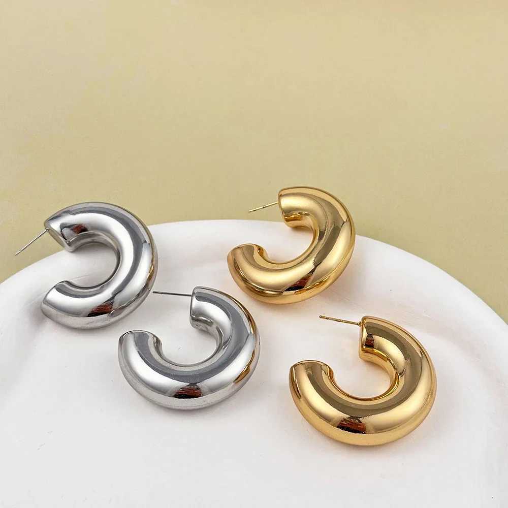 New Retro Stainless Steel Chunky C Shape Hoop Earrings Glossy Gold Plated PVD Circle Round Tube Huggie Hoops Stacked Ear Jewelry J251208