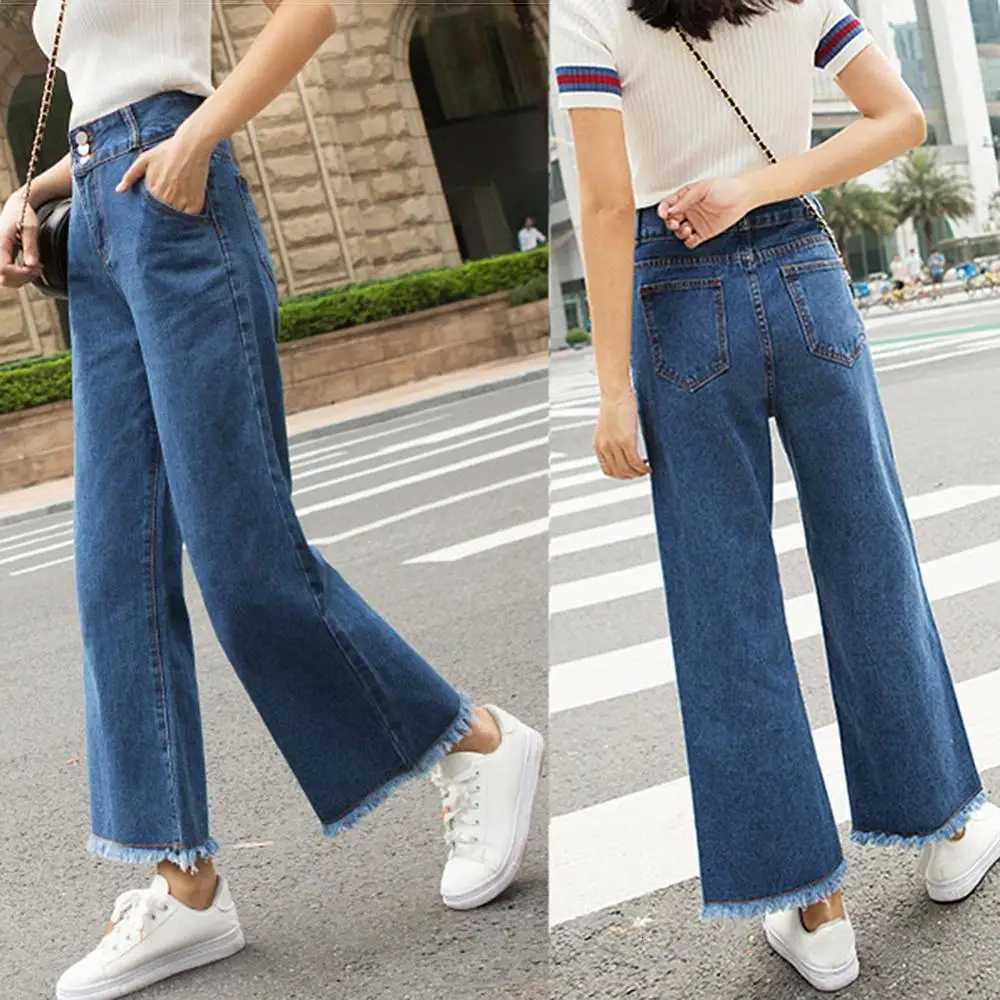 Straight Women Pants High Waist Loose Trousers Wide Leg Casual Denim Jeans Ninth TrousersT251208