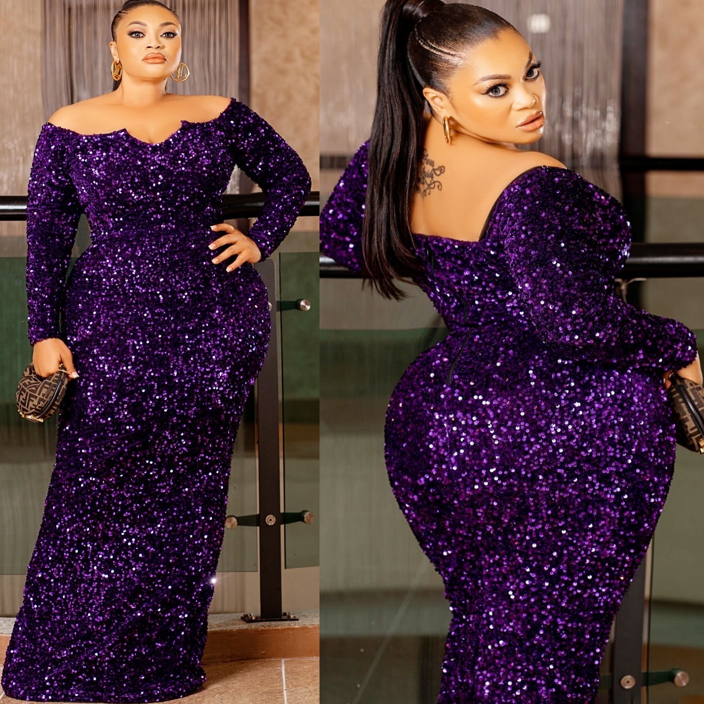 Aso Ebi Purple Sheath Prom Dresses 2026 Scoop Long Sleeves Sequined Evening Formal Party Second Birthday Engagement Gowns Plus Size Dress For Special 