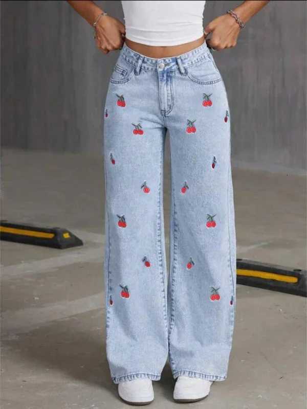 Denim Wide Leg Pants Women Jeans Embroidery High Waist Distressed Washed Mom Pockets Vintage Floor Length Trousers StreetwearT251208