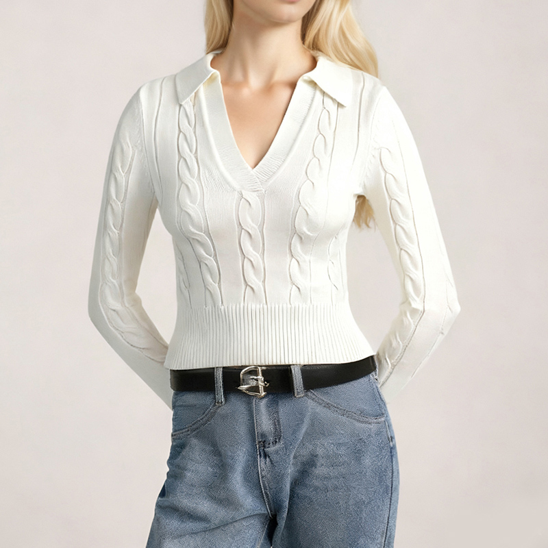 Women's Blouses Women's Cable Knit V-Neck Polo Collar Long Sleeve Crop Top - White Fitted Knit Sweater 8184965