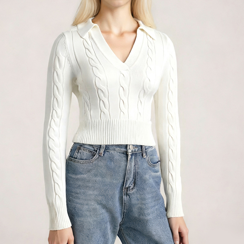 Women's Blouses Women's Cable Knit V-Neck Polo Collar Long Sleeve Crop Top - White Fitted Knit Sweater 8184965