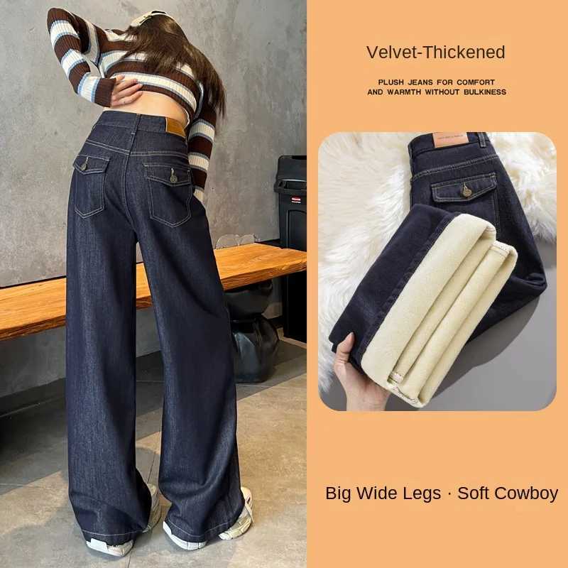 Warm Fleece Lined Jeans For Woman Y2k Pants Loose Wide Leg Trousers Winter 2025 Trendy Design Comfort Stretch Blue DenimT251208