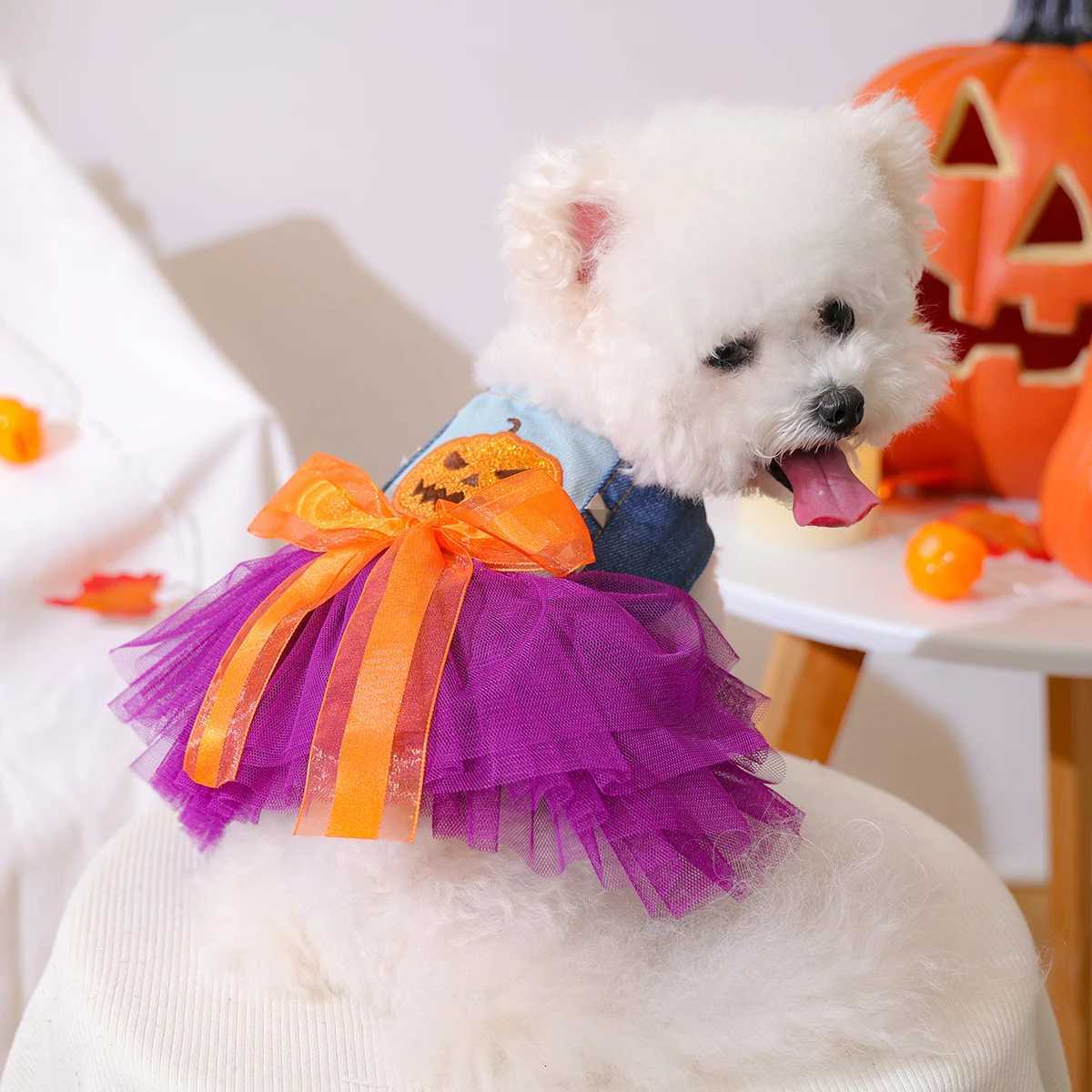 1PC Quirky Pumpkin Skirt Pet Clothes Dog Cat Autumn Halloween Orange Bow Sleeveless Wedding Dress M251208