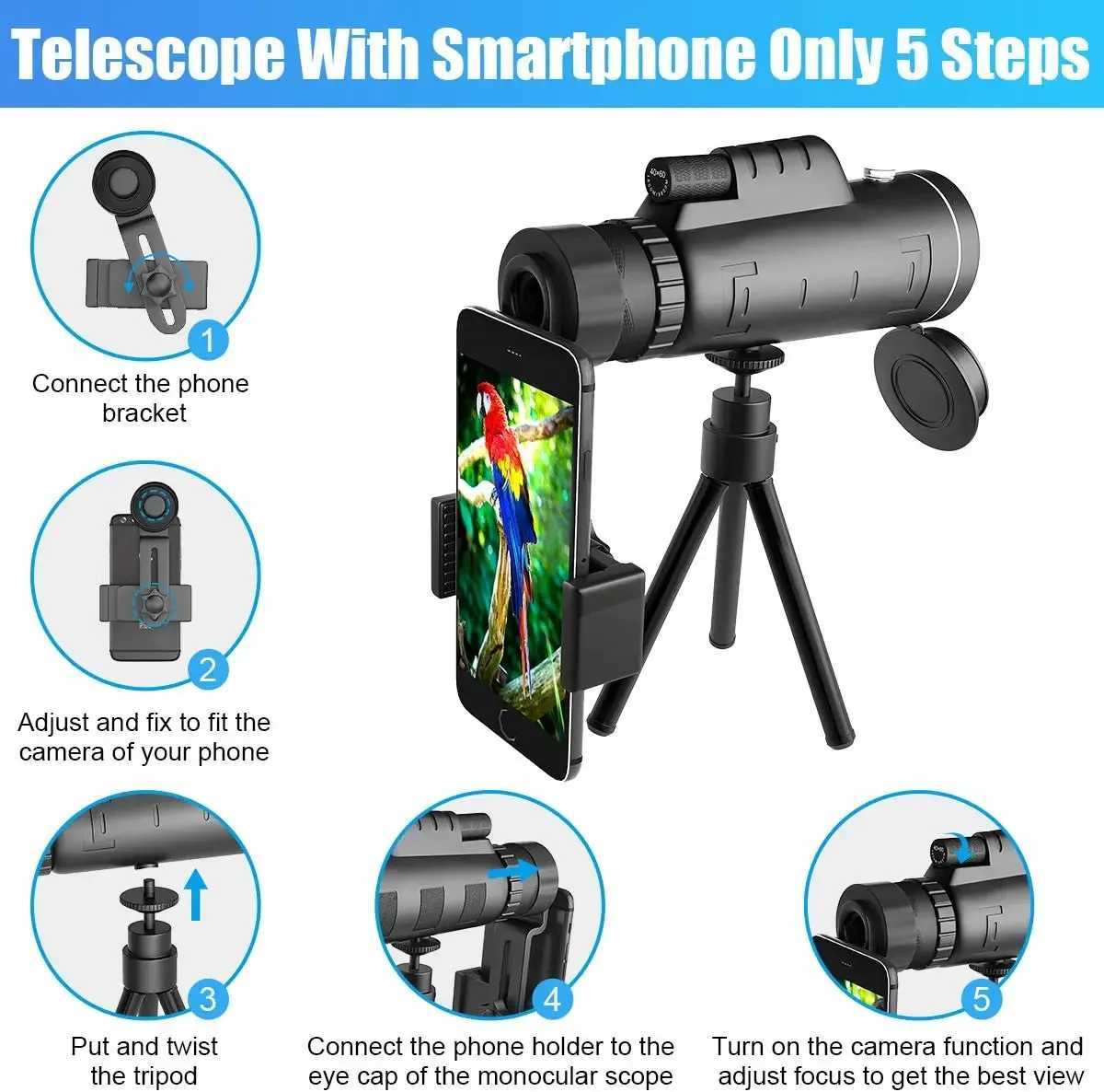 40x60 HD Monocar Starscope Phone Camera Zo Lens With Smartphone Holder Telescope Tripod Waterproof Star Scope For Camping C251208