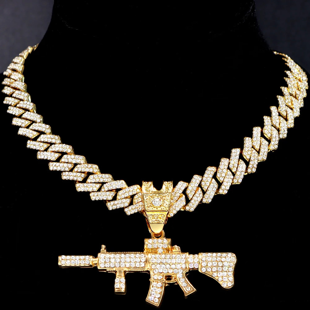 Men Women Crystal Gun AK47 Pendant Necklace Punk Hip Hop 14MM Prong Miami Cuban Link Chain Rapper Necklaces Jewelry For Gifts 251204