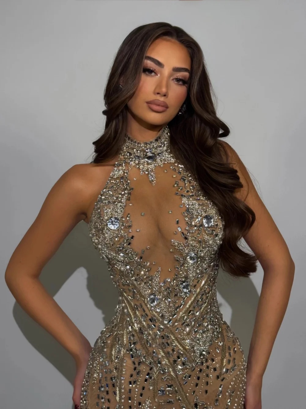 Exquisit Halter Evening Dresses Crystal Pearls Prom Gown Mermaid Beading Sequins Illusion Sleeveless Princess Customized Vestidos De Noche Plus Size